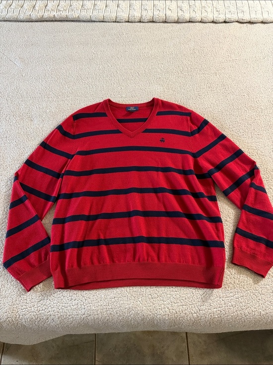 Brooks Brothers Other - Brooks Brothers Red and Navy Striped V-Neck Sweater 100% Merino Wool Large